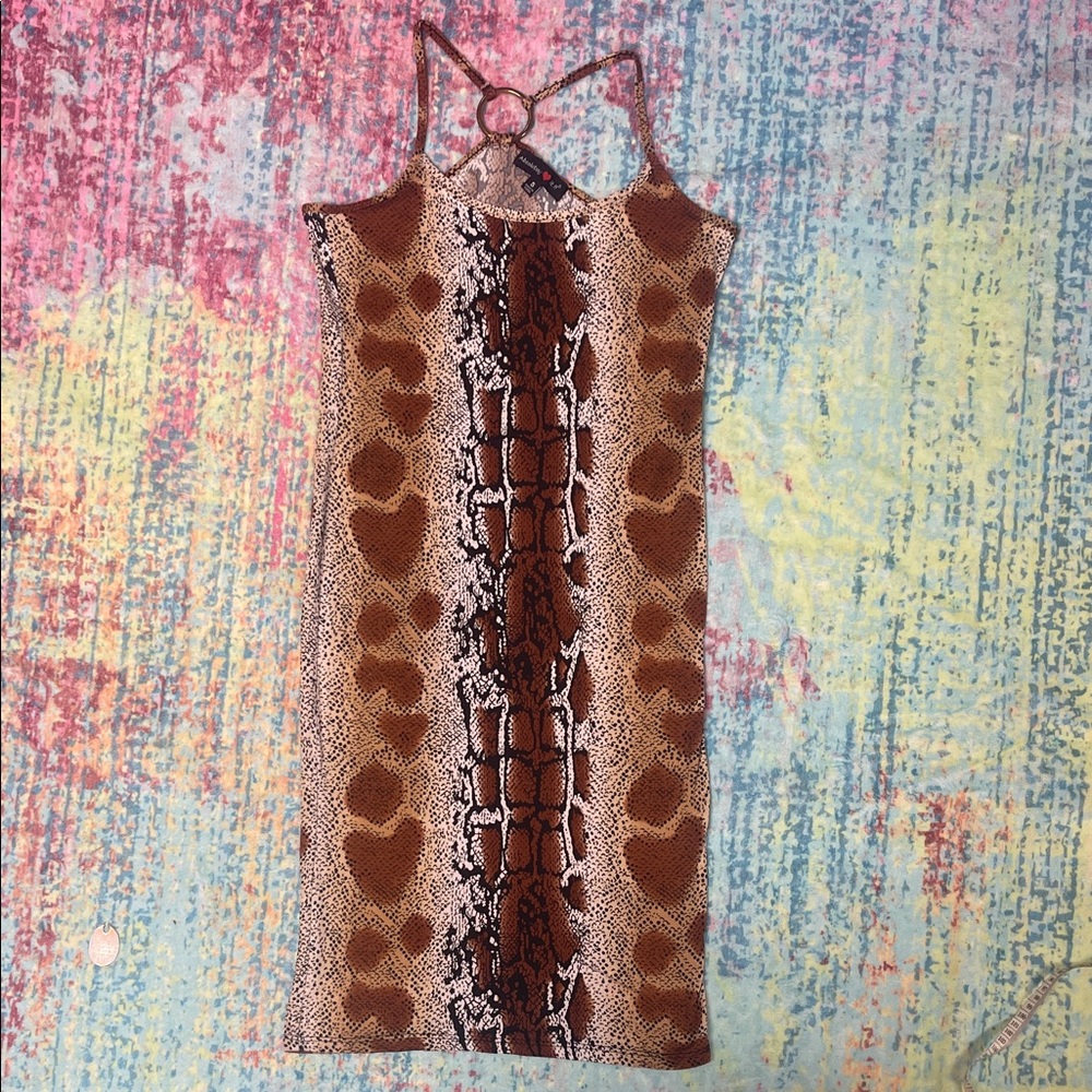 Sleeveless Brown Snake-Print Slip Dress with Ring Back Detail